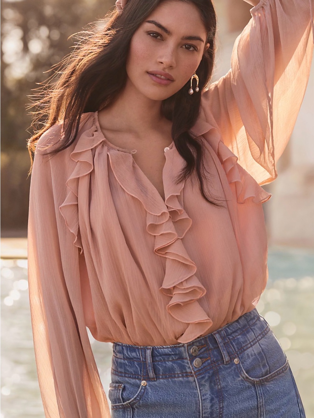 LOFT Chiffon Ruffle Tie Cuff Blouse
 - Dusty Rose - Medium